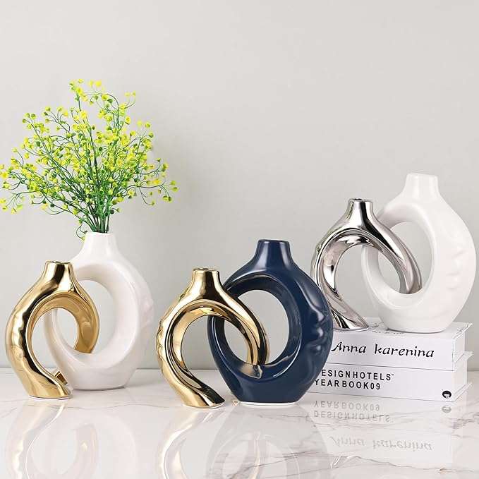 LCCCK White and Gold Ceramic Vases for Home Decor, Boho Vase for Flowers Pampas Grass Decorative, White Gold Hollow Donut Small Vase for Living Room Table Wedding Centerpiece Modern Vases