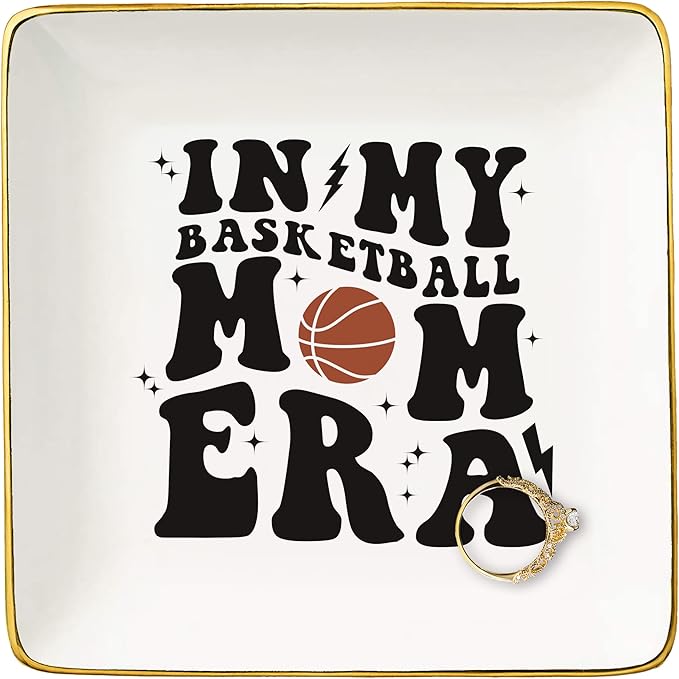 NZY Mother's Day Birthday Christmas Gifts for Mama-Ceramic Jewelry Tray Trinket Holder Ring Dish-Basketball Coach Gifts,in My Basketball Mom Era,Game Day Presents for Mom,Sport Mother Present