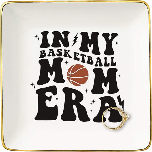 NZY Mother's Day Birthday Christmas Gifts for Mama-Ceramic Jewelry Tray Trinket Holder Ring Dish-Basketball Coach Gifts,in My Basketball Mom Era,Game Day Presents for Mom,Sport Mother Present