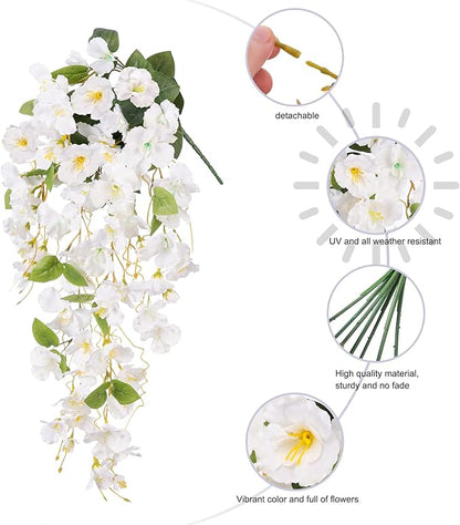 Fake Hibiscus Artificial Hanging Flowers Plants for Outdoors Spring Decoration, 2pcs Silk Hibiscus Vines Realistic UV Resistant White Faux Flowers for Outside Planter Porch Patio Yard Wedding Party