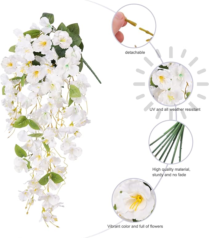 Fake Hibiscus Artificial Hanging Flowers Plants for Outdoors Spring Decoration, 4pcs Silk Hibiscus Vines Realistic UV Resistant White Faux Flowers for Outside Planter Porch Patio Yard Wedding Party
