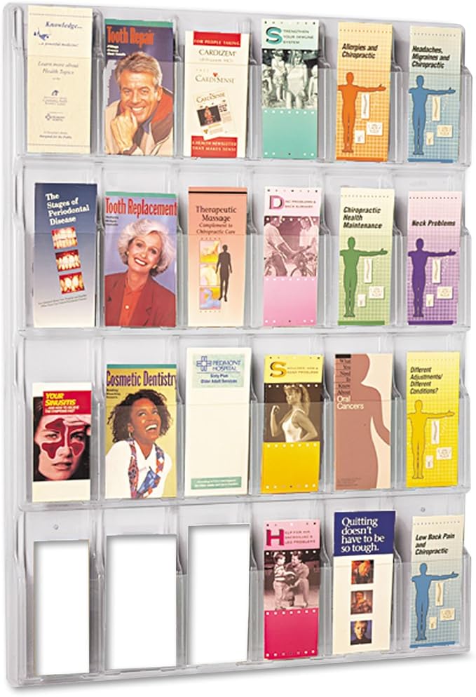 Safco Reveal Literature Rack, 24 Compartments Magazine Holder, Wall-Mounted Brochure Organizer, Acrylic, Clear