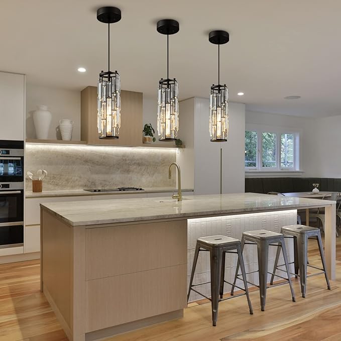 LMQNINE Modern Crystal Pendant Light for Kitchen Island, Adjustable Black Mini Pendant Lighting Fixture with K9 Crystal, E27 Base, Modern Hanging Light for Bedroom Dining Room Bar, 1-Pack
