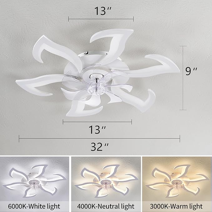 HuixuTe 32" White Geometric Modern 6-head Ceiling Fan with Lights Remote Control, Low Profile Ceiling Fan with Light for Kitchen Bedroom Living Room