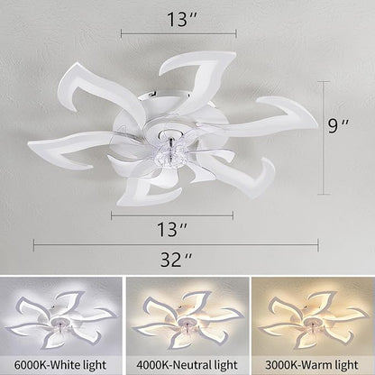 HuixuTe 32" White Geometric Modern 6-head Ceiling Fan with Lights Remote Control, Low Profile Ceiling Fan with Light for Kitchen Bedroom Living Room