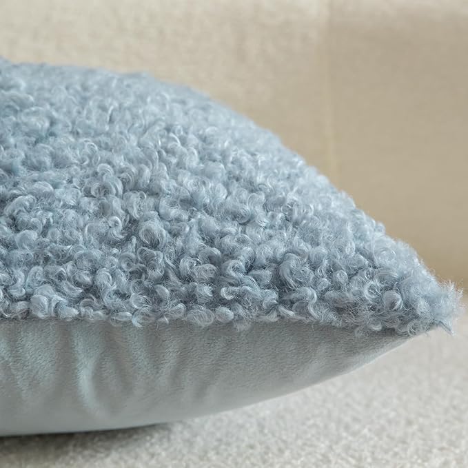 Yaertun Pack of 2 Faux Fur Throw Pillow Covers Decorative Sherpa Boucle Pillow Covers Fuzzy Soft Pillowcases Sheepskin Fleece Cushion Case for Couch Sofa Bed Living Room 24x24 Inch Light Blue
