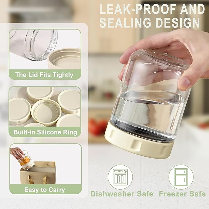 6 Pack Glass Overnight Oats Jars with Airtight Lid, 16OZ Wide Mouth Mason Jars, Leak Proof Glass Food Storage Containers for Yogurt, Oats, Chia Pudding, Snacks, Spice, Sugar