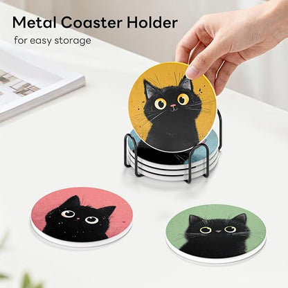 6-Piece Ceramic Coaster Set with Tray Diameter: 3.94 in Thickened Absorbent Material Heat-Resistant and Water-Absorbent Coaster Set Suitable for All Types of Cups， Black Cats