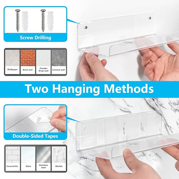 OAPRIRE 2-Pack Clear Acrylic Floating Wall Shelves, 10" Minimalist Book & Decor Shelf Set for Bedroom, Bathroom, Kitchen