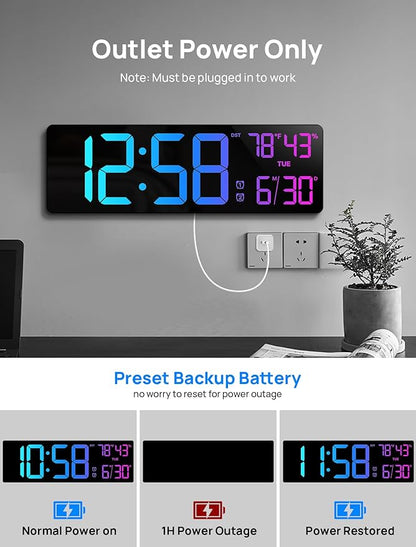 18.5" Large Digital Wall Clock with Remote Control, Big LED Display Digital Clocks with Night Light, Alarm, Countdown, DST, Temp, Date for Living Room, Bedroom, Office, Gift for Seniors(Black)