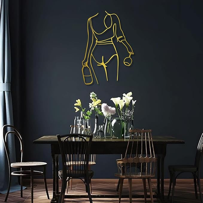 Metal Wall Art Woman Drinking Wine,Gold 30.3"x21.7",Modern Minimalist Abstract Line Sculpture, Feminine Wall Decor for Living Room, Dining Room, Bar, Kitchen, Perfect Wine Lover Birthday Housewarming Gift