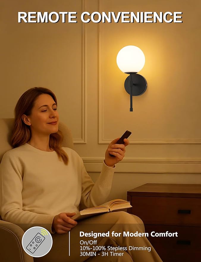 Battery Operated Globe Wall Sconces Set of 2, Black Wireless Wall Lights with Remote Control, Rechargeable 3 Color Stepless Dimming Modern Wall Decor Lamp for Bedroom Living Room Hallway