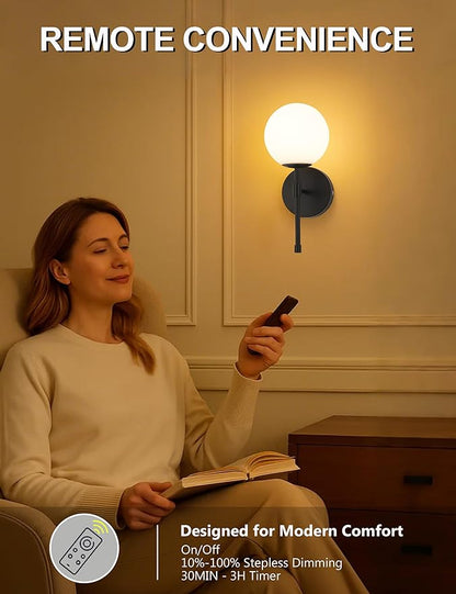 Battery Operated Globe Wall Sconces Set of 2, Black Wireless Wall Lights with Remote Control, Rechargeable 3 Color Stepless Dimming Modern Wall Decor Lamp for Bedroom Living Room Hallway