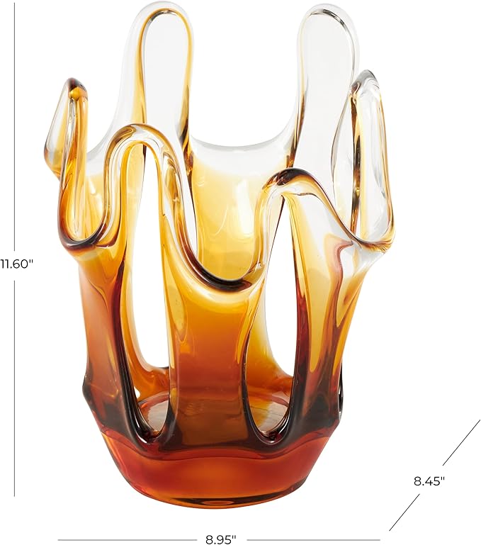 Deco 79 Glass Abstract Decorative Vase Ombre Centerpiece Vase with Wavy Oval Cutouts, Flower Vase for Home Decoration 9" x 8" x 12", Orange