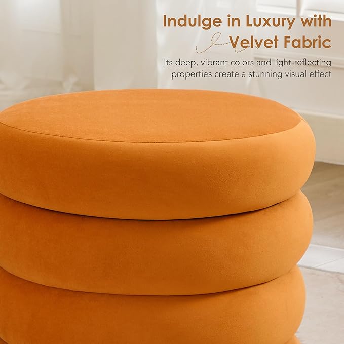 Flouki 20.1" Storage Ottoman Round, Vanity Stools for Bedroom, Entryway Ottoman for Console Table, Ottoman Stool for Girls Women, Foot Stool for Living Room, Set of 2, Velvet Orange