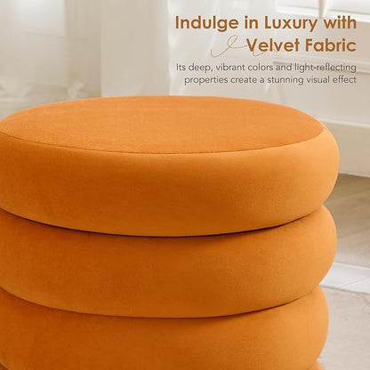 Flouki 20.1" Storage Ottoman Round, Vanity Stools for Bedroom, Entryway Ottoman for Console Table, Ottoman Stool for Girls Women, Foot Stool for Living Room, Set of 2, Velvet Orange