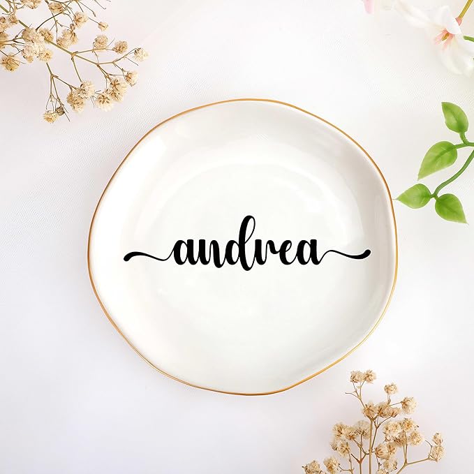 JoycuFF Andrea Personalized Name Ceramic Jewelry Tray, Mothers Day Christmas Anniversary Engagement Birthday Gifts for Women Couples, Trinket Dish for Rings Earrings Necklaces Bracelets Keys