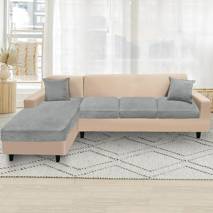 NAISI Sectional Couch Cover 4 Pieces Velvet Separate Couch Cushion Covers L Shape Soft Stretch Sofa Slipcovers with 2pcs Pillowcases for Left/Right Chaise Sectional Couch(3 Seater+1 Chaise,Light Grey)