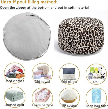 Asuprui Animal Pouf Ottoman Unstuffed Ottoman Foot Rest Round Fuzzy Pouf Seat Bean Bag Foot Rest Foldable Floor Chair Storage for Living Room Bedroom Leopard Print