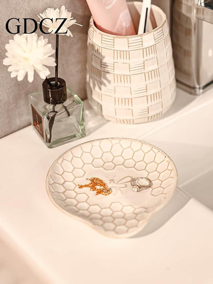 GDCZ Ceramic Jewelry Tray, 5.3" Decorative Dish, Personalized Jewelry Trays Tray with Pattern, Gifts for Friends, Sisters and Women,Set of 2 (White)