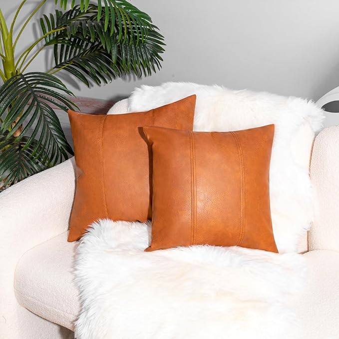 Faux Leather Throw Pillow Covers 22X22 Inch Set of 2 Brown Outdoor Modern Farmhouse Solid Decorative Pillow Covers for Room Couch Living Bedroom Bed Sofa