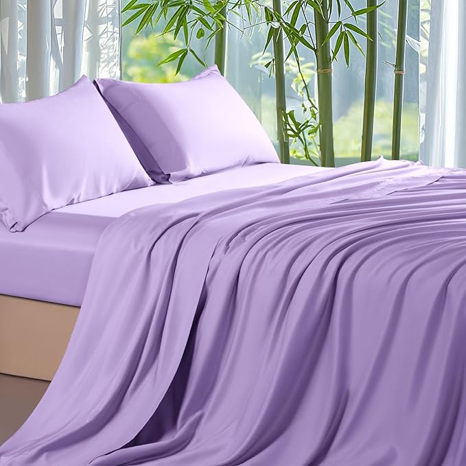 Shilucheng 100% Viscose Derived from Bamboo_ Sheets Queen Size 4pcs - Ultra Cooling & Silky Soft Bed Sheets, 16" Deep Pocket, Perfect for Hot Sleepers, Hotel Bedding Sheets (Lilac)