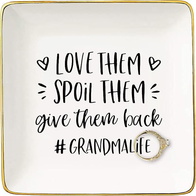 Mother's Day Gift for Grandma-Grandmother Ring Dish Gifts-Love Them Spoil Them Give Them Back Grandmalife-Birthday or Christmas Presents for Nana Gigi-Ceramic Jewelry Tray,Trinket Holder