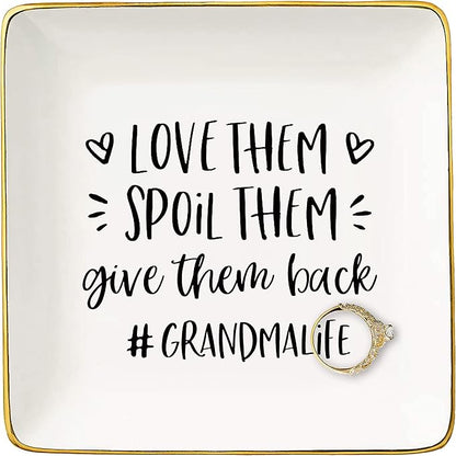 Mother's Day Gift for Grandma-Grandmother Ring Dish Gifts-Love Them Spoil Them Give Them Back Grandmalife-Birthday or Christmas Presents for Nana Gigi-Ceramic Jewelry Tray,Trinket Holder