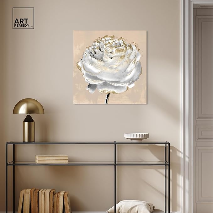 Art Remedy Beige Ranunculus Canvas Elegant White Gold Wall Art, Gallery Wrapped, 24" x 24"