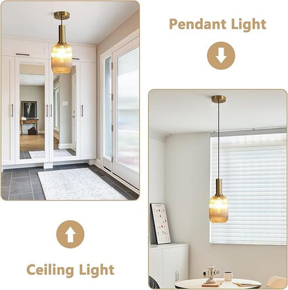 KCO Lighting 1-Light Amber Glass Ceiling Light Fixture Vintage Striped Glass Pendant Light Farmhouse Cylinder Pendant Light Gold Mini Kitchen Island Pendant Lighting Single Hanging Light
