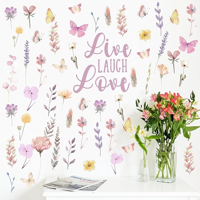 Mfault Watercolor Floral Wall Decals Stickers, Live Laugh Love Flower Butterfly Botanical Decorations Bedroom Art, Spring Summer Wildflower Natural Home Living Room Kitchen Decor