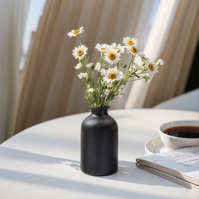 Black Ceramic Bud Vases Set of 6 – 5in Small Vases for Dry Flowers or House Plants, Modern Boho Decorative Vases for Wedding, Home, Table Centerpieces, Mantel or Office Decor