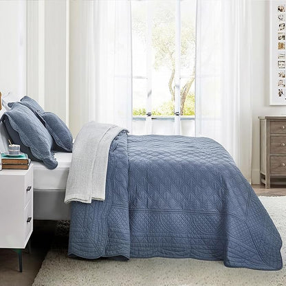 CHIXIN Oversized Cotton Bedspread King Size - Real Stitching Quilt - Luxury Quilted Bedding Cover for All Season, Reversible, Ultra Soft, Lightweight, 3 Piece, Smokey Blue