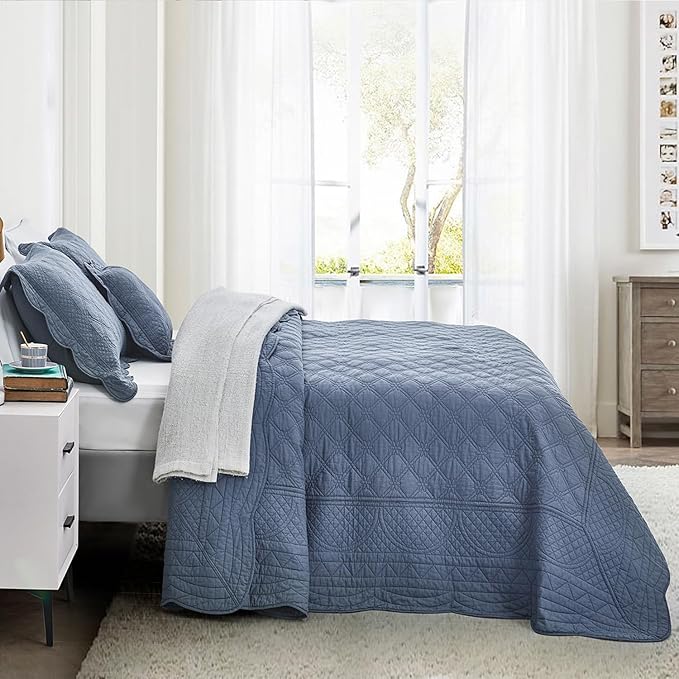 CHIXIN Cotton Bedspread Full Size - Real Stitching - Luxury Quilted Bedding Cover for All Season, Reversible, Ultra Soft, Lightweight, 3 Piece, Smokey Blue