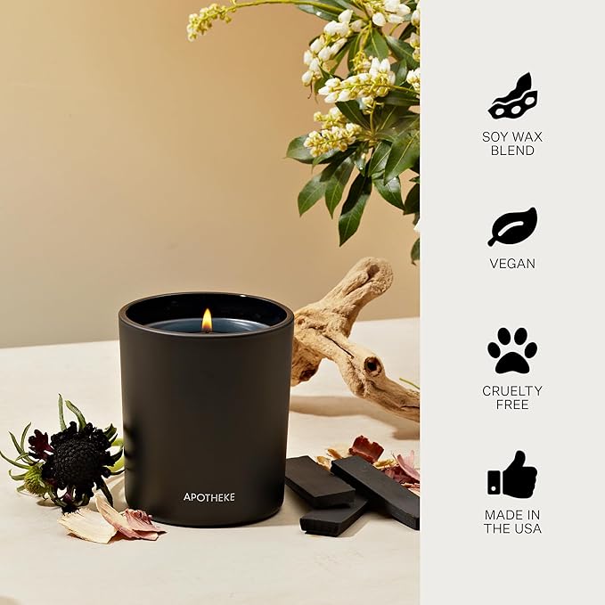 Apotheke Signature Scented Candles for Home, Charcoal - 10.5 oz - Soy Wax, Non Toxic, Large Jar Black - Luxury Candle Gifts for Women & Men - Cedarwood, Sandalwood, Oud, and Amber