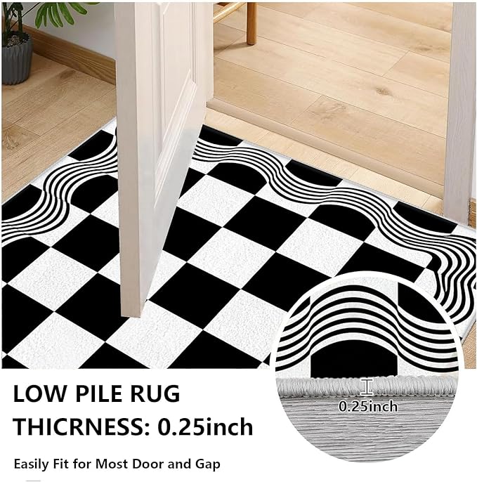 Checkered Area Rug 8x10, Checkerboard Rug, Geometric Plaid Washable Rugs, Modern Checkered Area Rugs, Wavy Line Carpet Non Slip for Bedroom Retro Home Decor Mat