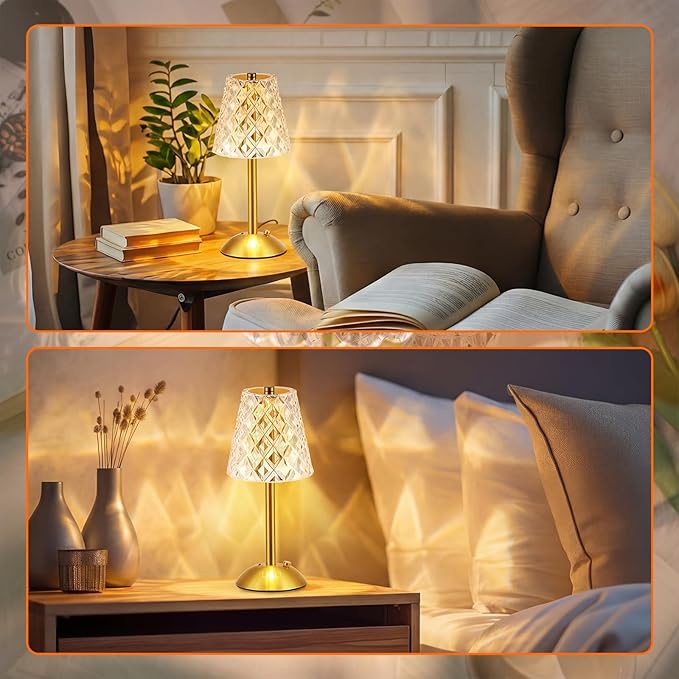 Liliful 2 Pcs Cordless Table Lamp Rechargeable Touch LED Small Gold Portable Battery Operated USB-c Desk Lamp 3 Color Dimmable for Bedroom Living Room Dining (Gold,Diamond Style)