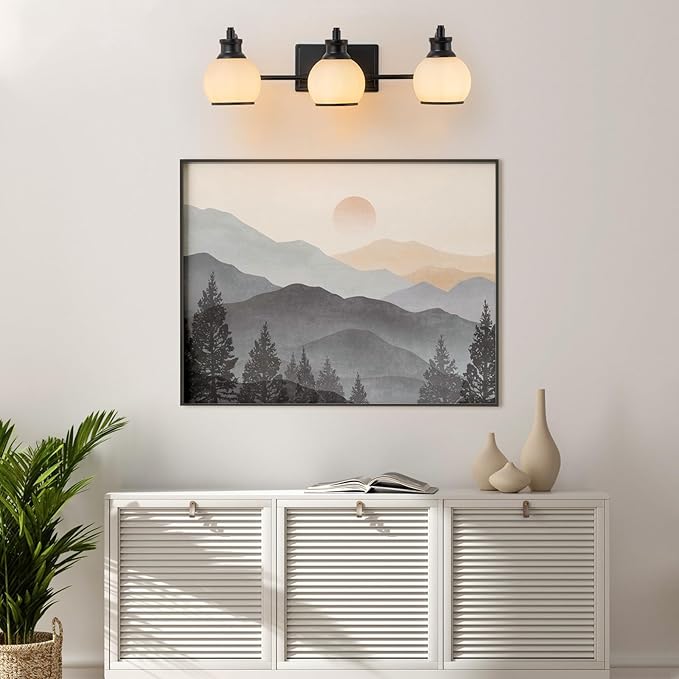 3 Light Modern Bathroom Light Fixtures Over Mirror (LED Bulbs Included), Black Vanity Lights for Bathroom Wall Sconces with Milky White Globe Glass Shades