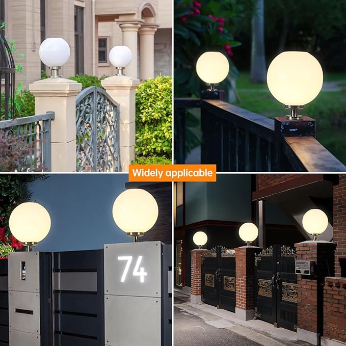 Solar Post Cap Lights, 15.7" Outdoor Fence Pedestal Globe Post Lamp Stainless Steel IP65 Waterproof External Column Lights, Vintage LED dimmable Pillar Lights for Farmhouse Lawn Road Driveway