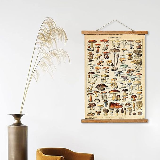 ABoby Vintage Hanging Posters, Decorative Mushroom Wall Art Prints, Printed on Linen with Wood Frames, Ready to Hang