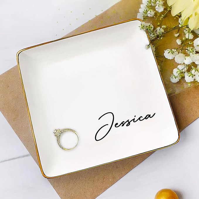 Gossby Personalized Jewelry Tray - Gift for Women Mom Friend with Name - White Ceramic Trinket Tray Dish Plate for Ring Earring Bracelet - Custom Gift Mothers Day Birthday Christmas