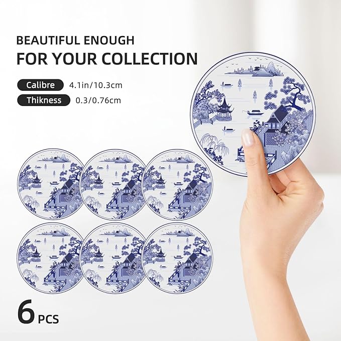 6 Pcs Ceramic Coasters with Holder Absorbent Drink Round China Blue and White Porcelain Royal Collection Design for Home Table Coffee Cup Wine Beer Bar,Size 4 inches