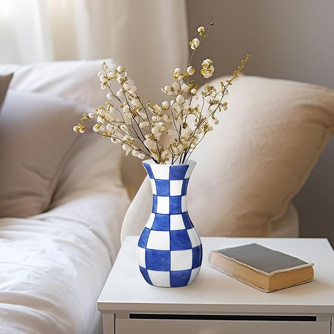 Small Blue and White Vase, 2-Pack 6 Inch Bud Ceramic Flower Vase, Retro Chinoiserie Vases for Fresh Dried Silk Flower Decor Side Table Living Room Bookshelf Antique Grand Millennial - Plain Glazed