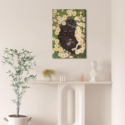 White Daisies and Fat Black Cat Canvas Wall Art Wildflowers Black Cat Poster Print Wall Decor Painting Funny Cat Abstract Farmhouse Aesthetic artwork for Bedroom Bathroom Home Decoration 12x16in
