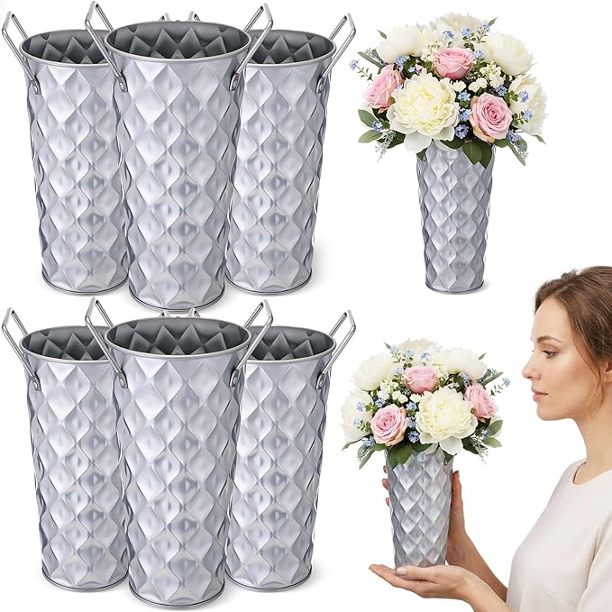 6 Pcs Silver Metal Flower Vases 9 Inch Galvanized Flower Bucket Spring Farmhouse French Bucket with Handles, Floral Vases for Centerpiece Bar Wedding Bouquet Table Decoration Supplies