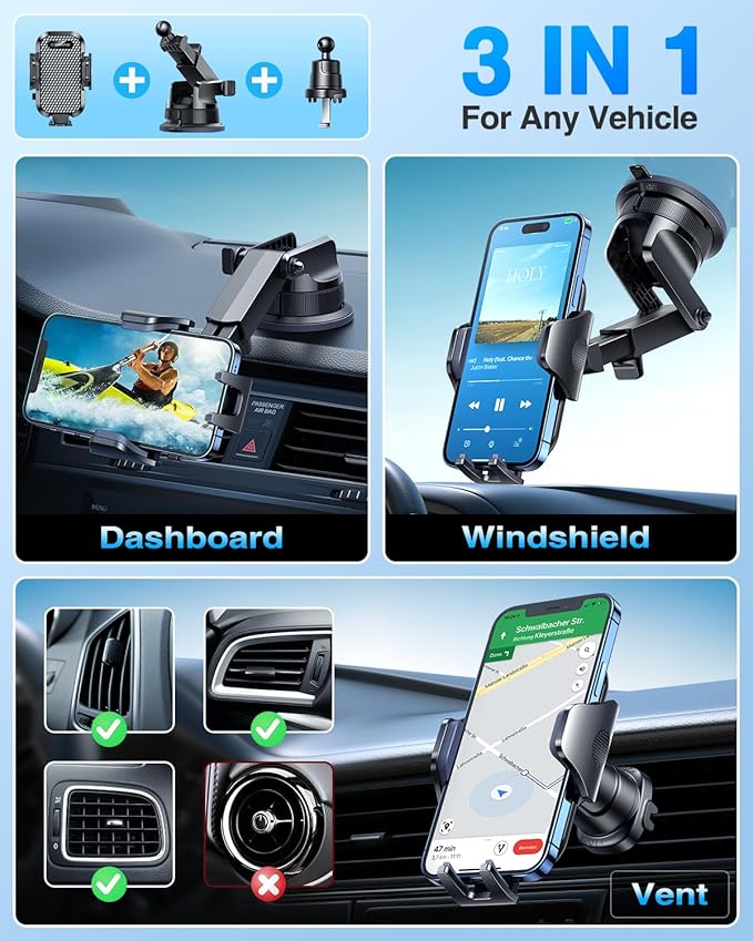 [2025 True Military-Grade] Car Phone Holder VANMASS [Upgraded Strongest Suction & Clip] Cell Phone Mount for Dashboard Windshield Vent Wall,Truck Cradle Stand for iPhone 17 Pro Max 16 15 14 13 Android