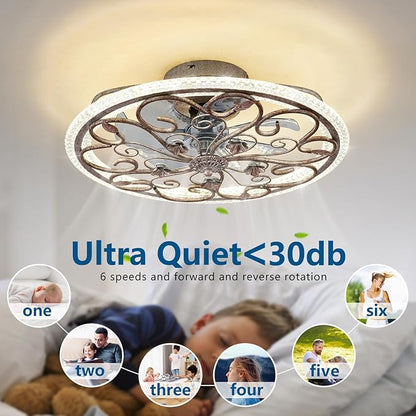 Black RusticCaged Ceiling Fan with Light, Industrial Flower Ceiling Fan with Lights and Remote, LED Low Profile Ceiling Light for Bedroom Kitchen Living Room