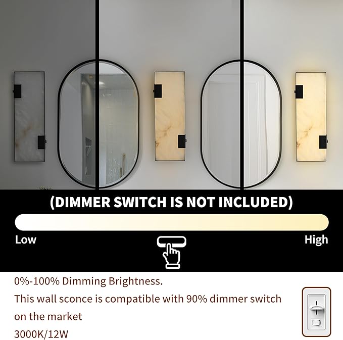 Modern Alabaster Wall Sconce 14.17” Black Frame with Natural Marble Shade Dimmable 3000K Warm Glow Light for Bedroom Hallway Fireplace Staircase