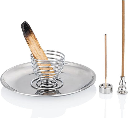 ZenBless 5 in 1 Incense Burner Holder, Palo Santo Holder, Sage Holder,Incense Sticks/Coil/Cones, 5.5 inches Brass Ash Catcher for Meditation Yoga Room(Silver)