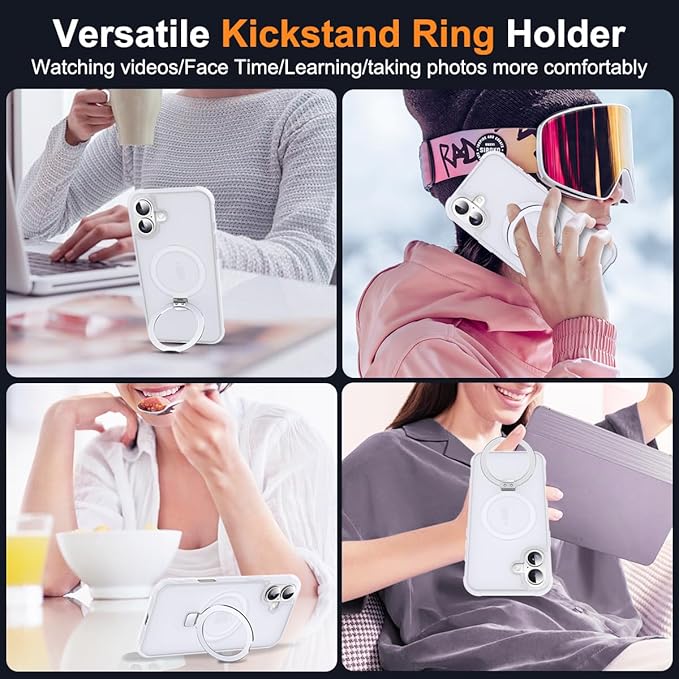 Compatible with iPhone 16 Plus Case with Invisible Magnetic O-Ring Stand Military-Grade Phone Case for iPhone 16 Plus 6.7" [Compatible with Mag-Safe][Great Grip Feeling],Translucent